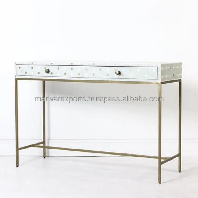 Luxury Bone Inlay Bed Side Table with iron stand Bone inlay Modern console table Trendy Coffee Table with Floral Style