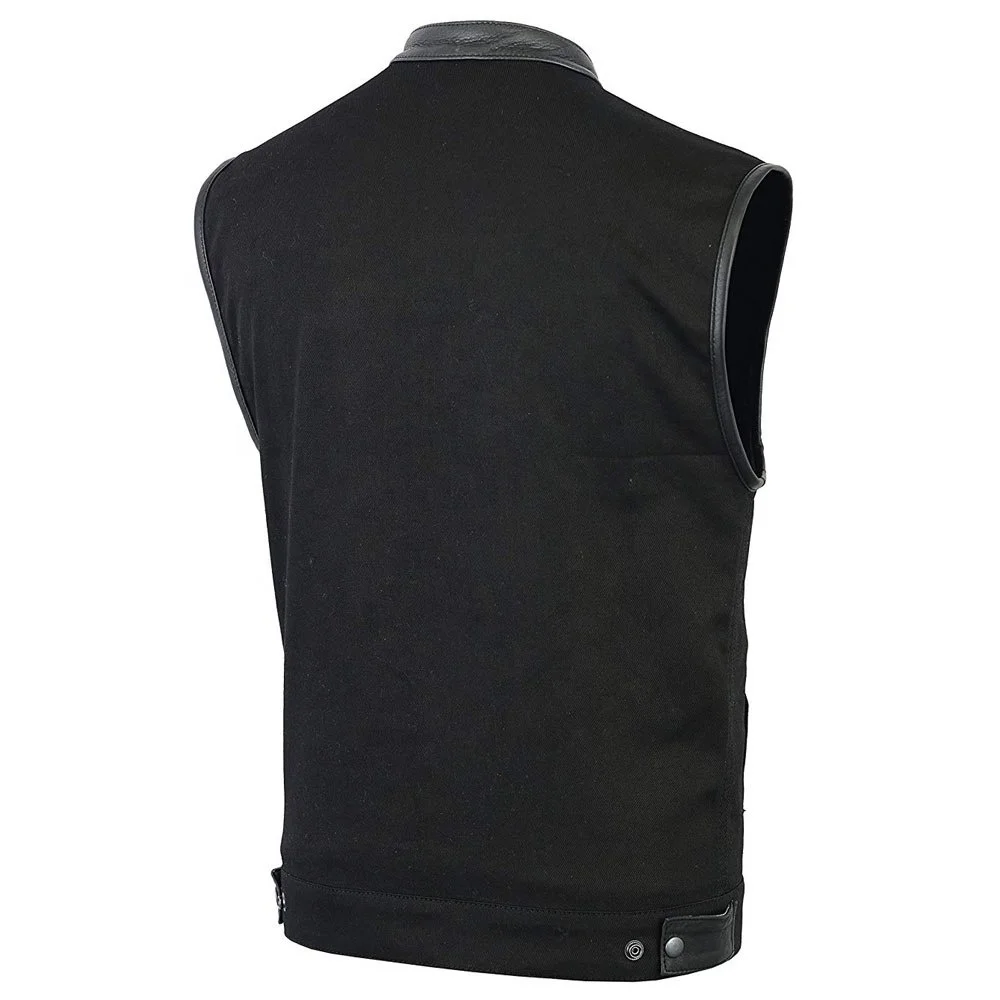 New Men Style Of Denim Biker Club Vest Wth Real Leather Trim Custom Design Men Black Leather Vest Custom Logo Motorcycle Biker