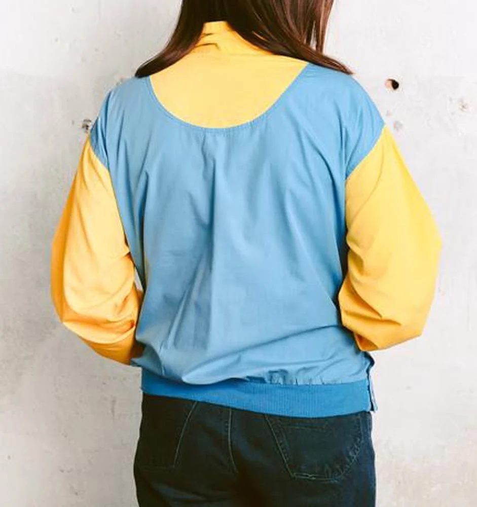 Women 90s Anorak Jacket . Yellow and Blue Panel Jacket Adventure Wear Quarter Zip Jacket Windbreaker Active Wear