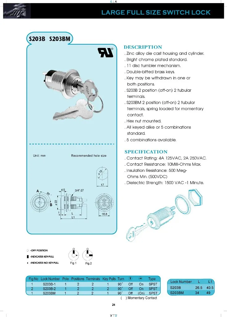 19 мм Большой полноразмерный Электрический замок-переключатель SPST
