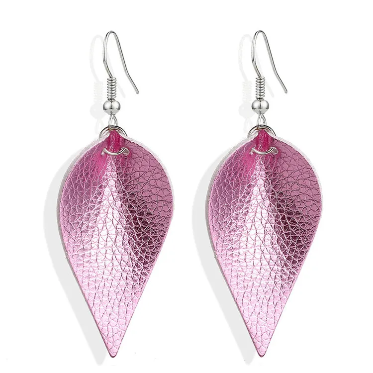 Fashion Handmade Bohemia  Leaf Hoop Earrings Lightweight Sequins Tear Drop Dangle Leaf Leather Earrings