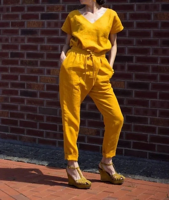 Yellow Linen Modern Wear Women Plus Size Boho Hippy Jumpsuit