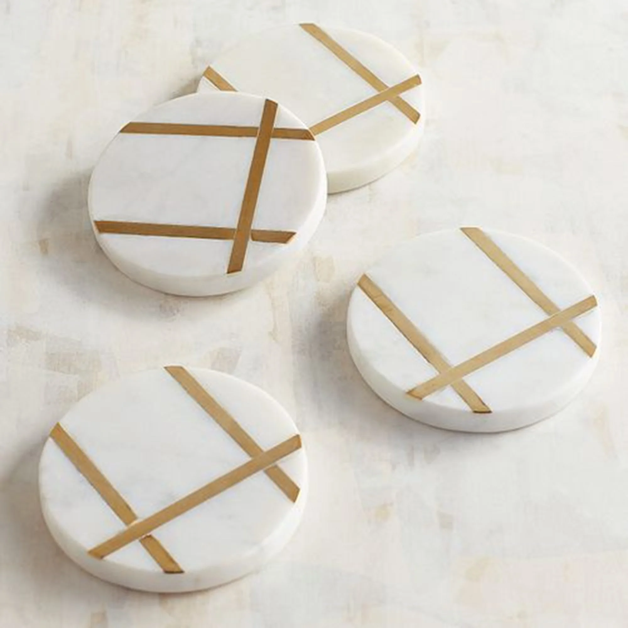 Eco-Friendly White Marble round Coaster Set/4 with Metal Inlay Stripped Design Tea Cup Table Coaster for Indoor Use for Hotels