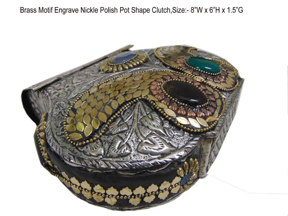 Female Party Handmade Embossed Brass Vintage Clutch Purse Evening Bag Silver stone decoration