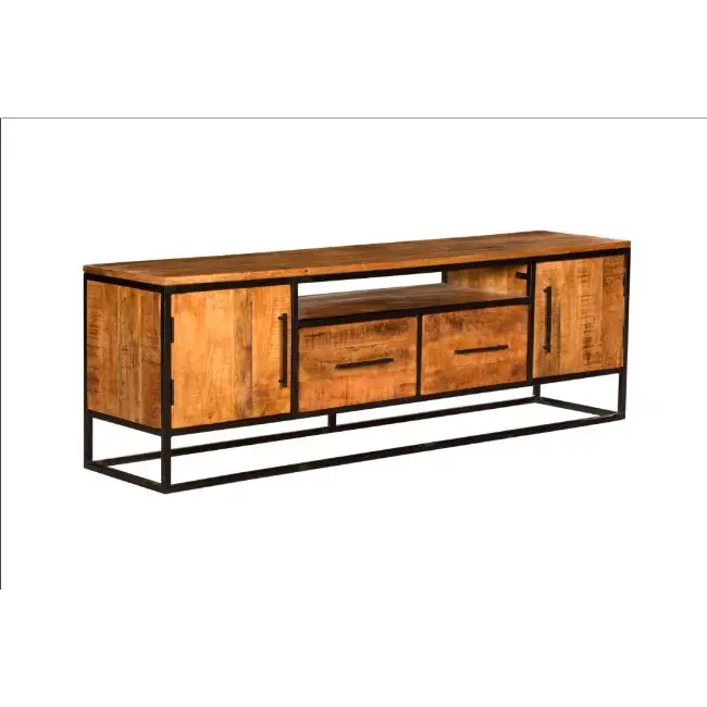 
Industrial & vintage Indian Iron & solid mango wood 2 drawers 2 door entertainment TV Cabinet 