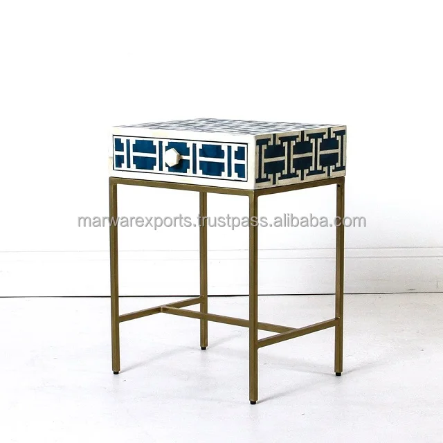 Luxury Bone Inlay Bed Side Table with iron stand Bone inlay Modern console table Trendy Coffee Table with Floral Style