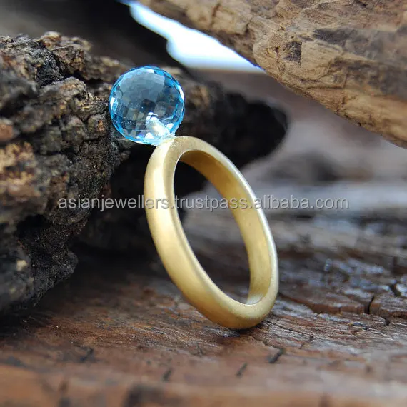 Blue Topaz Quartz Gemstone Ring 925 Sterling Silver Handmade Gold Plated Silver Jewelry.