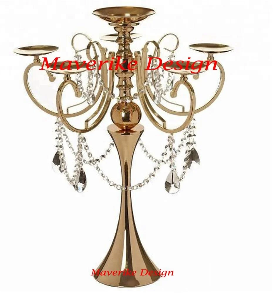 Latest 2024 Tall Gold 5 Arm Shiny Metal Candelabra Chandelier Votive Candle Holder Wedding Decoration Centerpiece