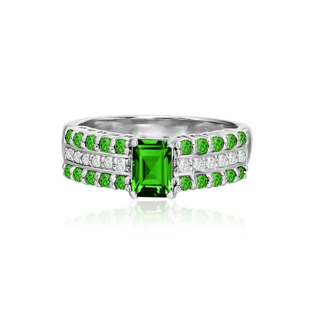 
925 Sterling Silver Platinum Plated Octagon Chrome Diopside White Topaz Ring 