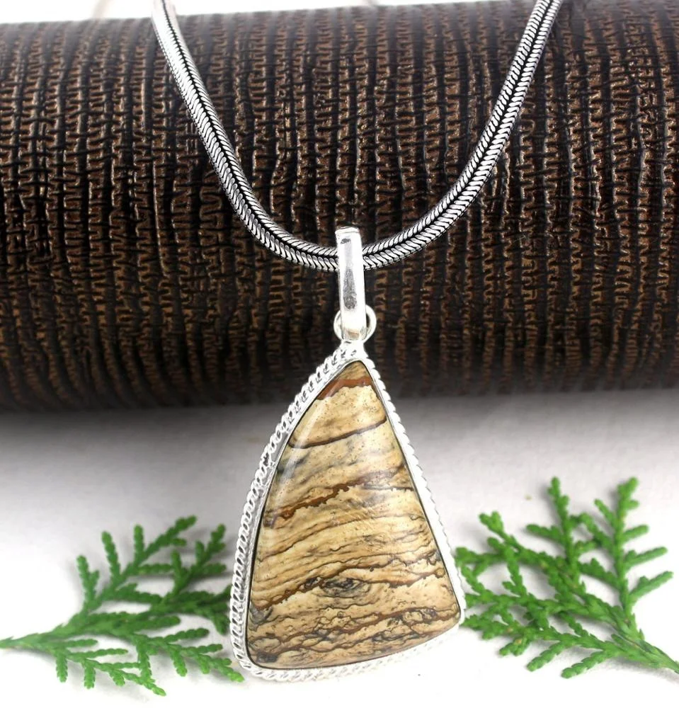 92.5 Sterling Silver Fancy Shape Natural Landscape Jasper Gemstone  Women Jewelry Charm Pendant Wholesale