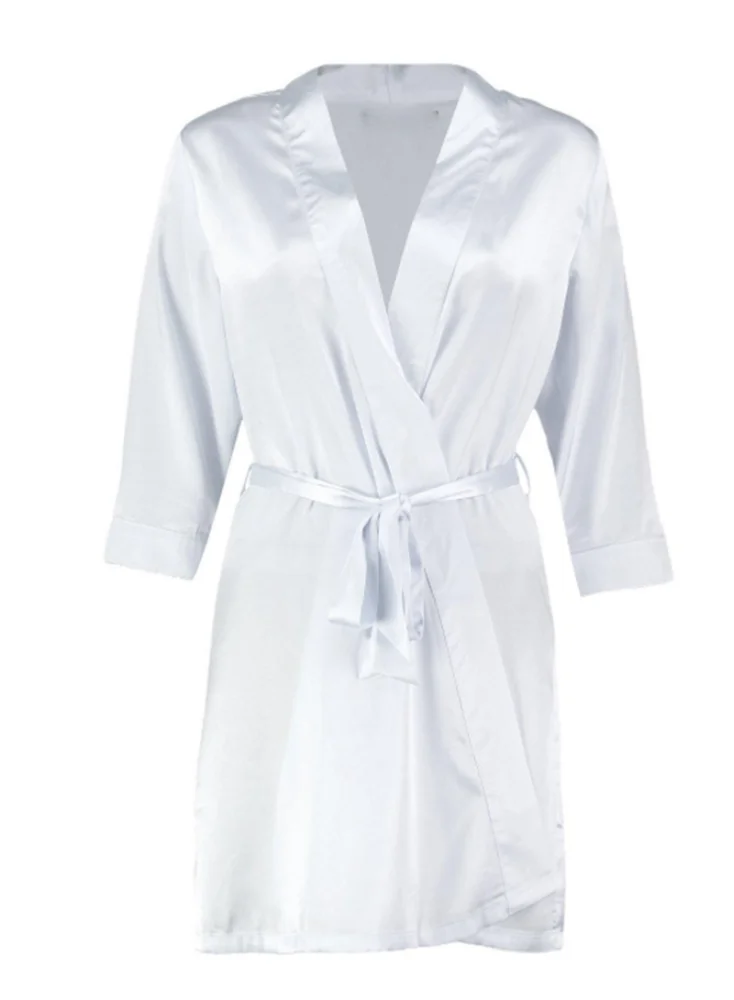 
MGOO OEM Satin Short Kimono Robe Pure Color Night Dress Bathrobe with Oblique V Neck for Women 