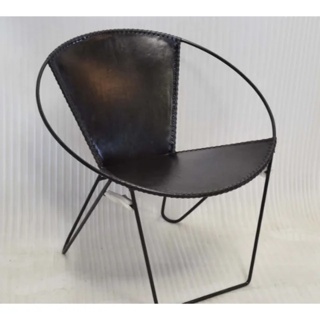 Classic Retro Style Real Leather Round Metal Shape Relax Home Reception Chair Cafe Lounge
