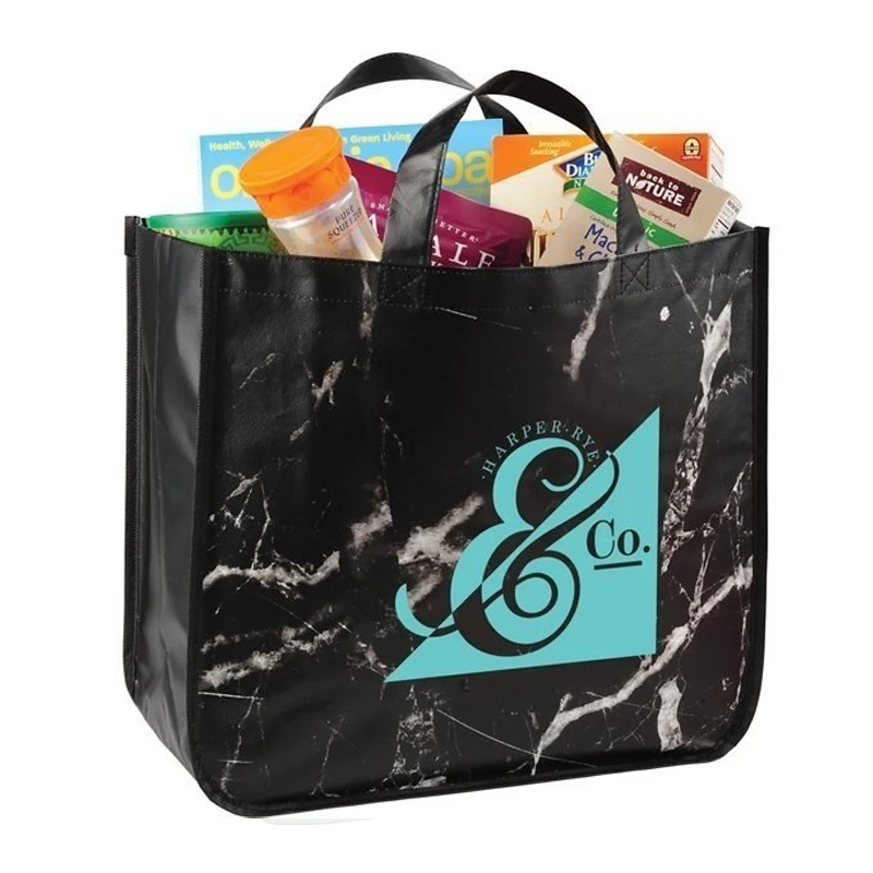 
Trendy Laminated Non Woven Tote Black Marble Shopping Bag 