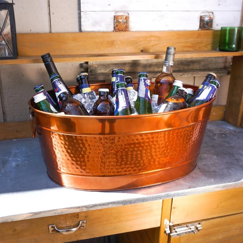Stainless Steel Rose Copper Oval Hammered Large Party Beverage Tub Metal Ice Bucket