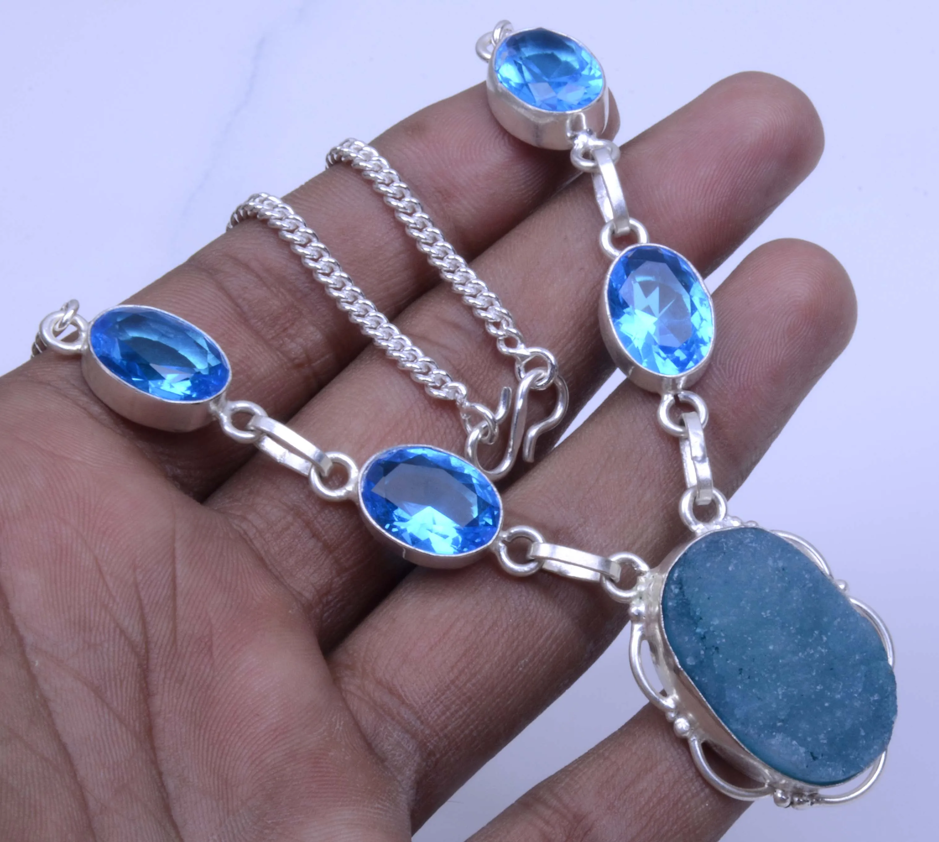 
latest design new year silver plated titanium druzy & blue topaz quartz gemstone handmade fashion jewelry necklace 