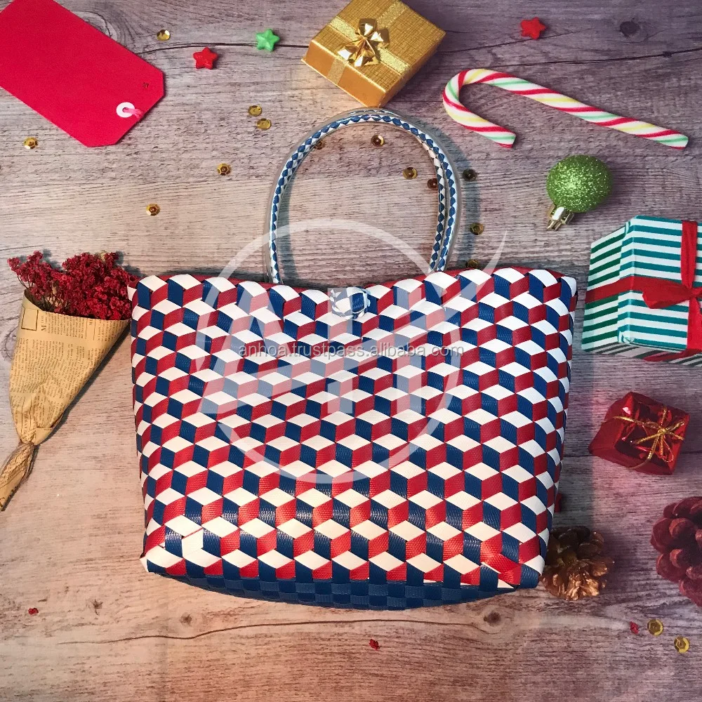 
Vietnam pp straw woven bags, plastic straw beach tote bag with PU handles, Handmade pp plastic shopping handbag 