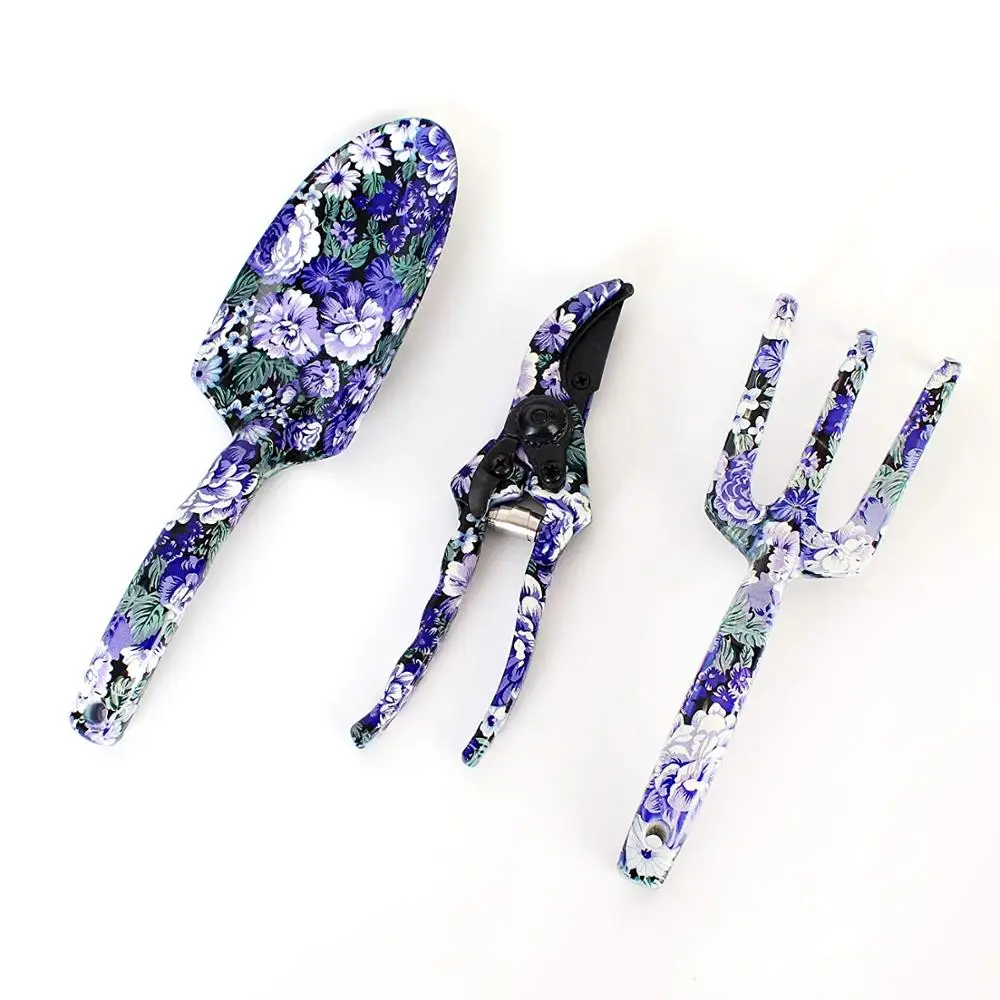 C&C 3 Piece Gardening Tool Set - Purple Floral Print Vegetable Flower Gardening Tool Kit Hand Trowel Rake and Pruning Shears