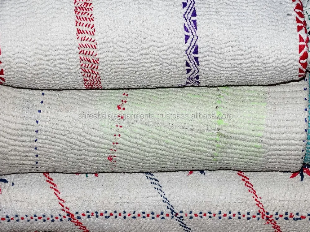 One of a Kind Old Heavy 5 to 7 Layer Kantha Embroidered Throw, Kantha from India Handmade Vintage Kanthina Sari Quilt