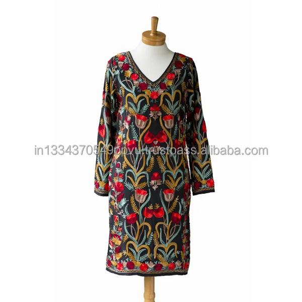 Unique Mexico Style Exclusive Inspired Kashmiri Embroider Women Dress Loose Vintage Classic Cocktail Evening Dinner Short Dress