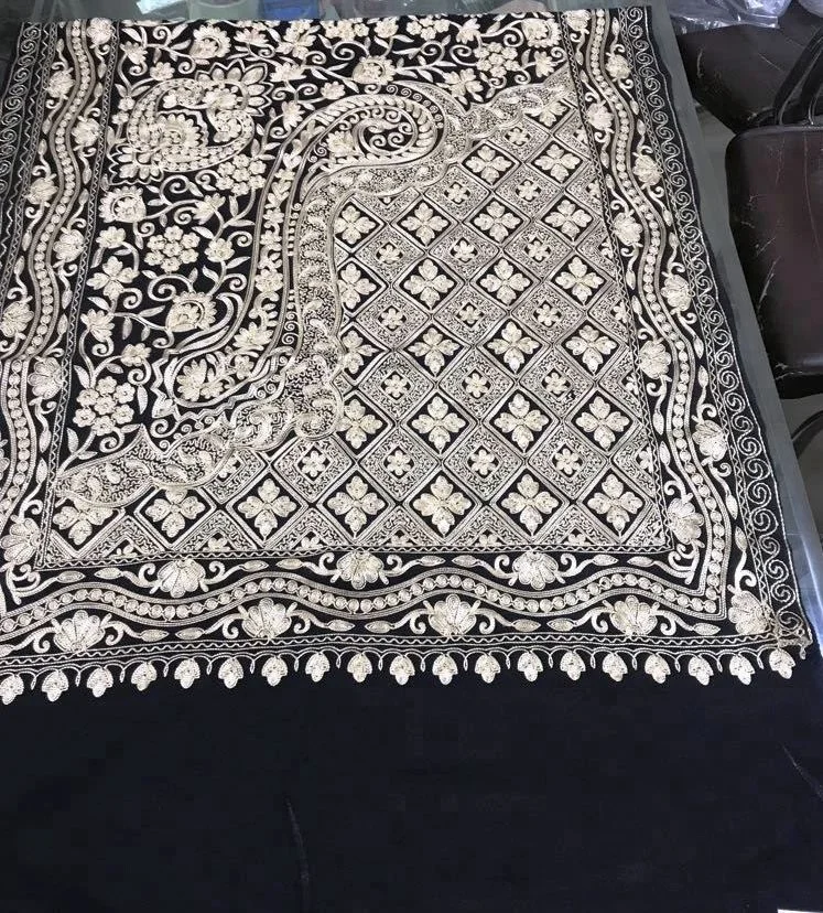 Beautiful kashmiri crewel embroidery pure wool shawl for women kashmiri pashmina hand twist knotted designer silk shawls