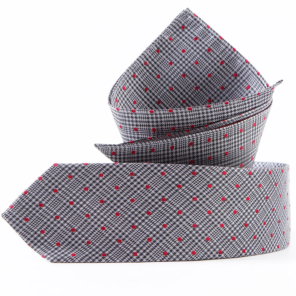 Handsome 100% Silk Plaid Dot Tie Set 6.5CM Gray Pleated Necktie Gravata Pocket Square Tie for Men Party Grrom Wedding