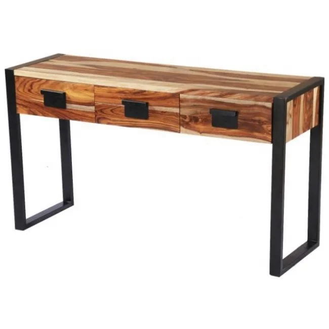 Industrial & vintage Indian solid mango wood  3 drawer Console Table with iron metal Legs