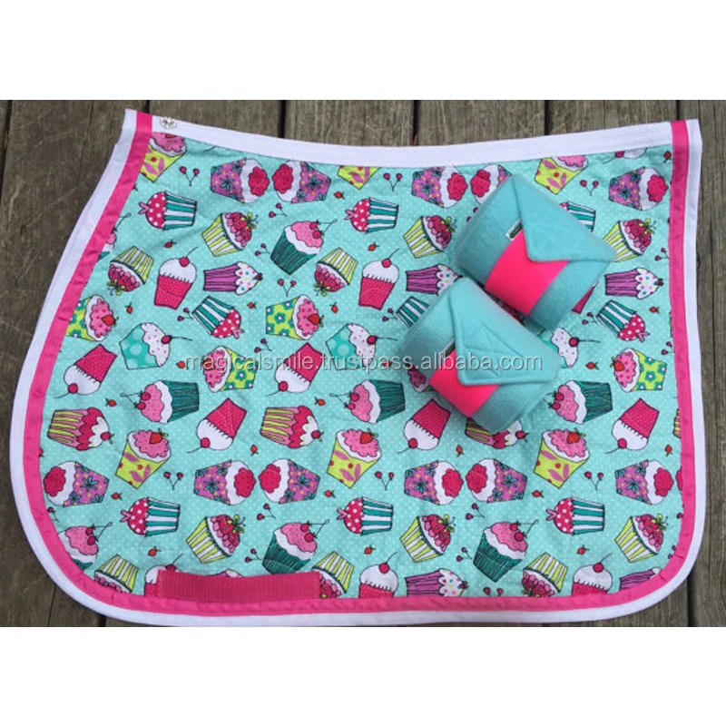 Adorable HORSE Size Custom Made English Saddle Pad Set CUPCAKES with Matching Polo Wraps