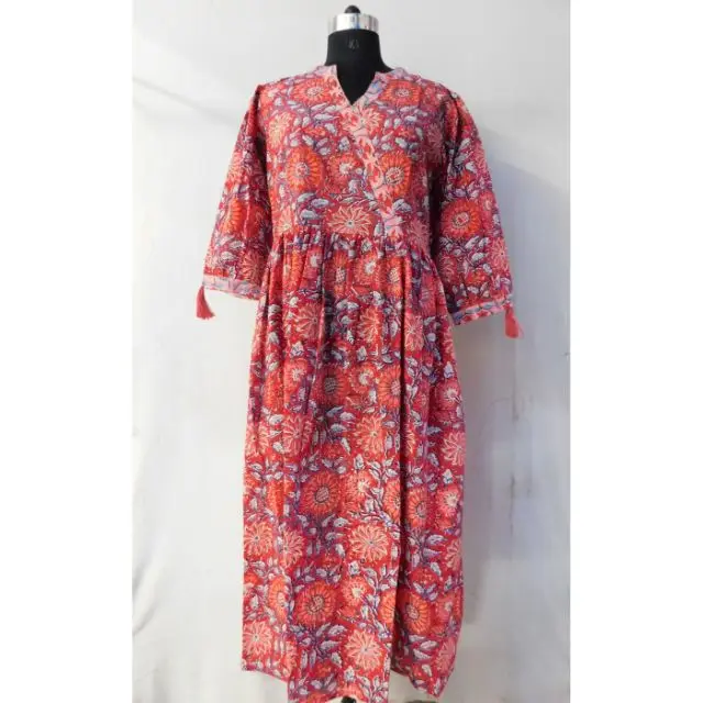 Women long dress fashionable cotton handmade sewing new designer printed craft clothing summer wear blouses dress up