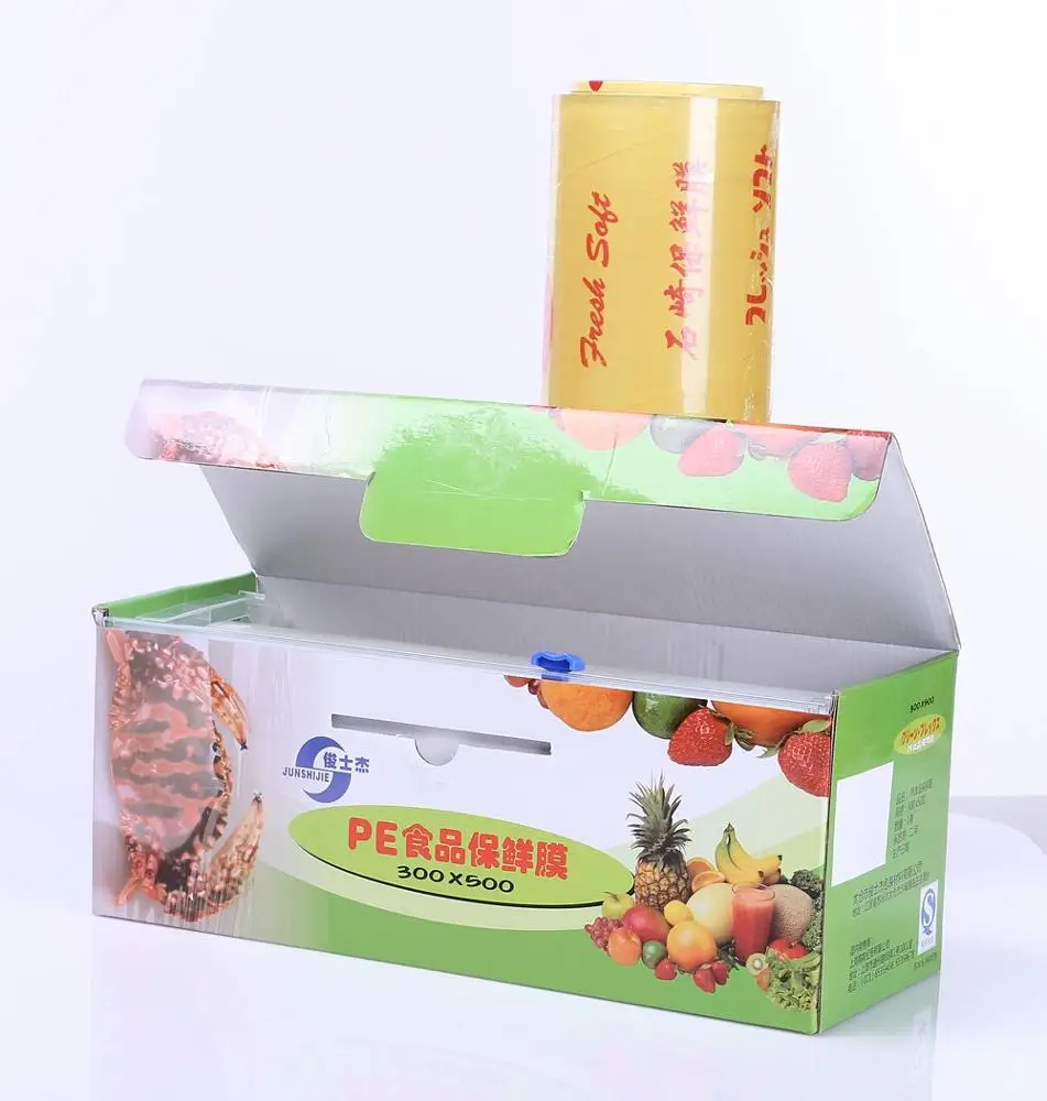 
China Top 5 Honest Manufacturer 8~20 micron Food Grade PVC Cling Film food wrap with Cutter Box 