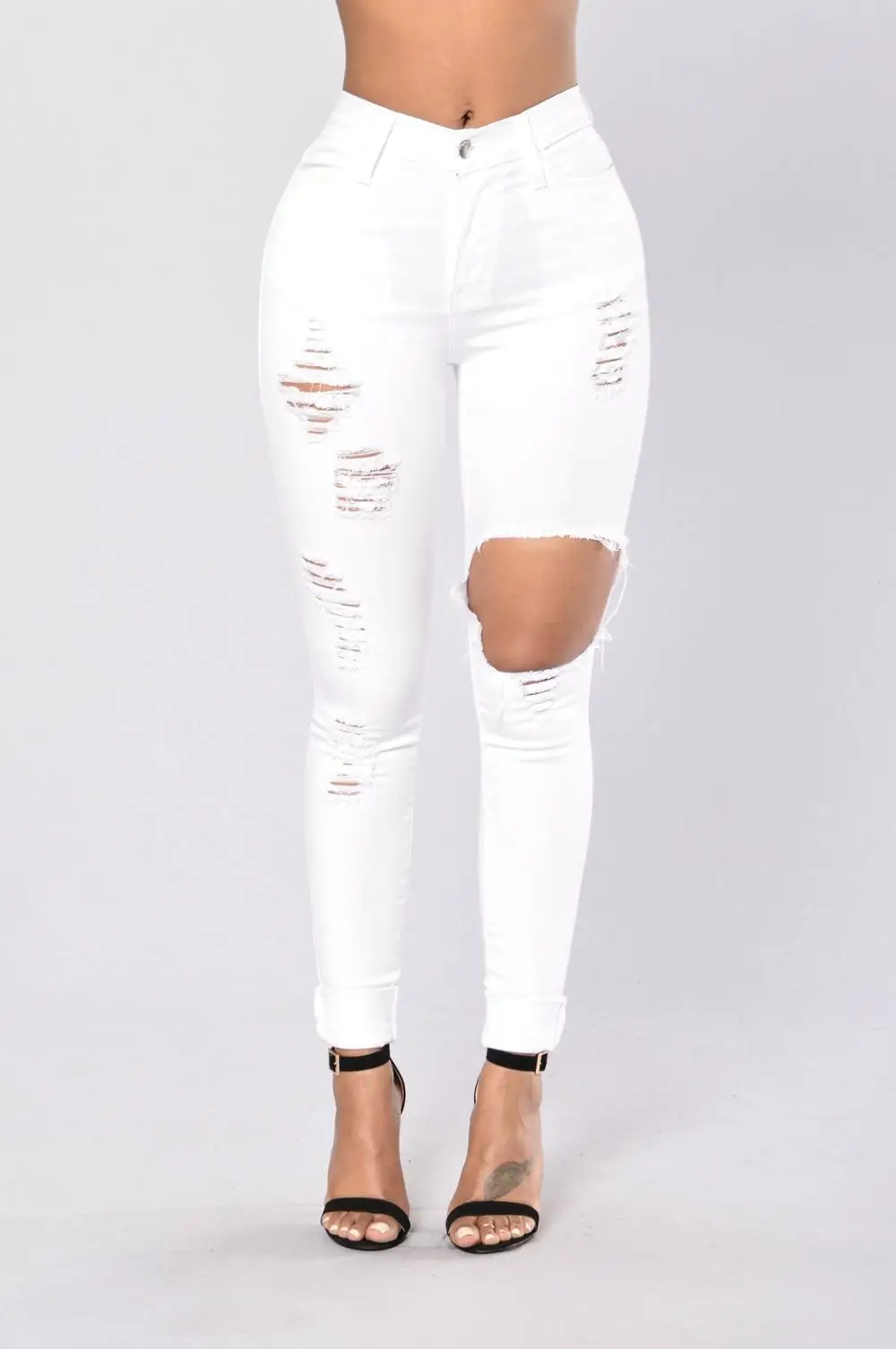 2017 Fashion Ripped white Lady jeans denim High Waisted Ripped Skinny Pencil Jeans