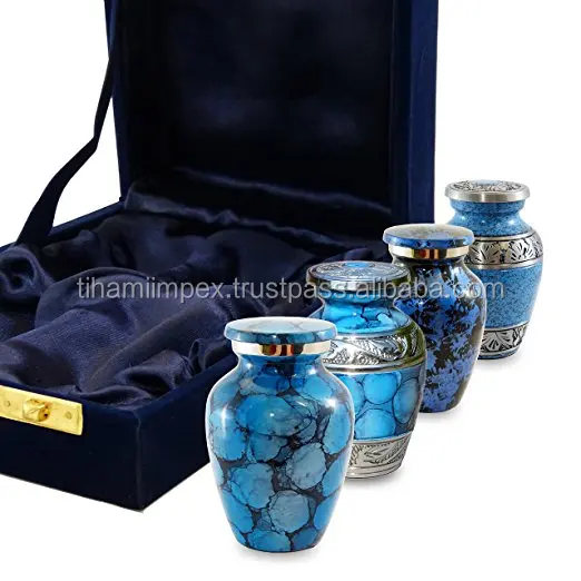 
Set of 4 Small Mini Keepsake Urns For Human Ashes in Blue Fire with Velvet Box 