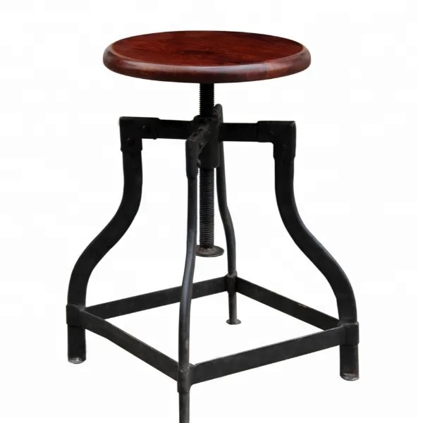 
Industrial & vintage iron metal & solid wood height adjustable revolving small stool 