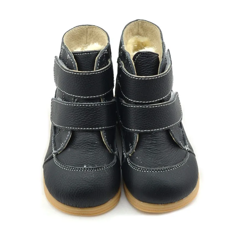 Black genuine leather Fur Lined Warm Outdoor Ankle Boots Shoes for Girls Boys