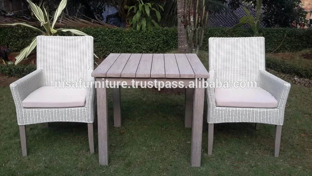Modern Style Garden Teak Dining Table Set 2 Chairs Synthetic Rattan Material Outdoor Indonesia Furniture for Living Room Hotel