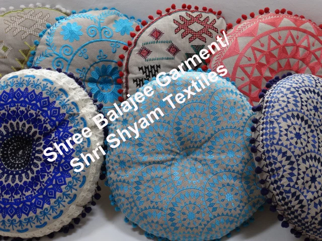 Round  Embroidered Floor Pillow Meditation Cushion Round Pouf Ottoman from Jaipur India