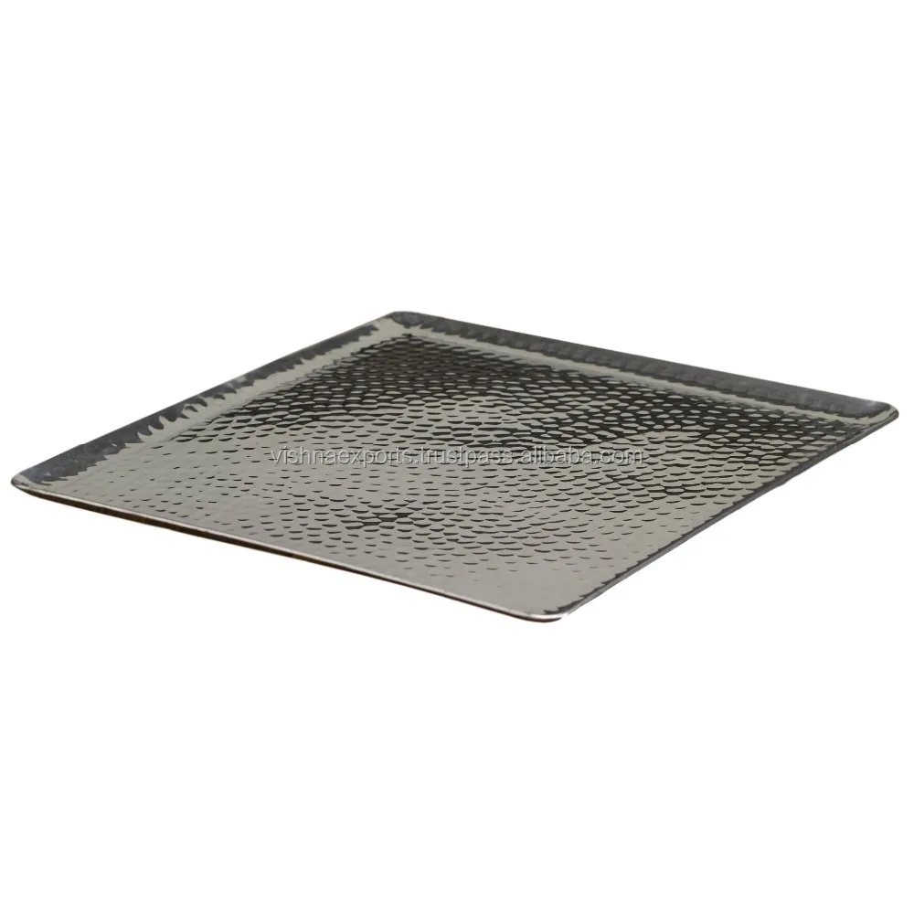 Hot Sale Square Hammered Durable Serving Tray Pure Aluminum with Stainless Steel Decorative Food Tray