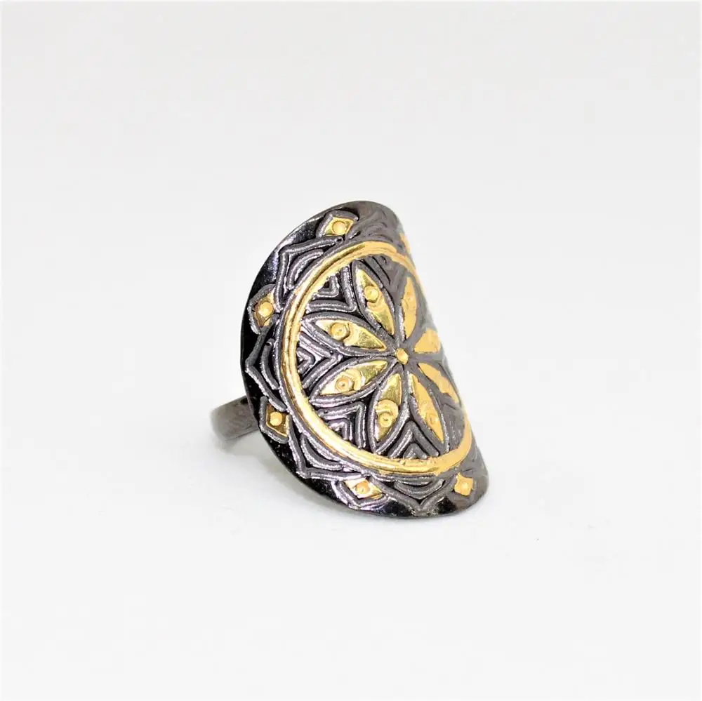 New Collection 925 Sterling Silver 18K Gold Plated Black Rhodium Ring Spiritual Mandala Design Featuring Diamond Wholesale