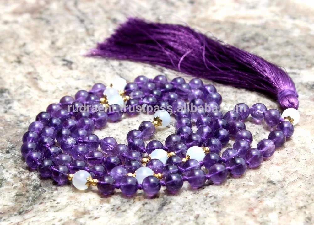 Spiritual Gemstone 108 Beads Rosary Yoga Jewelry Amethyst Moonstone Meditation Mala Beads Tassel Long Necklace