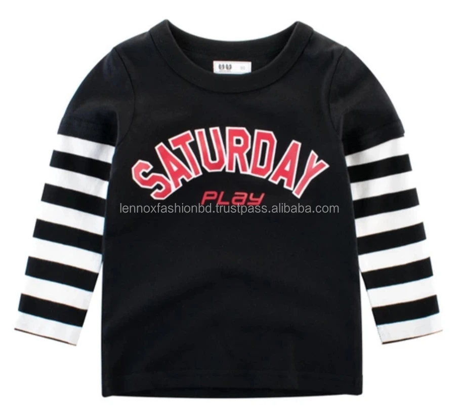Custom Logo Kids Autumn Clothes Good Quality Cotton Baby Clothing Boys Long Sleeve T-Shirt made in Bangladesh