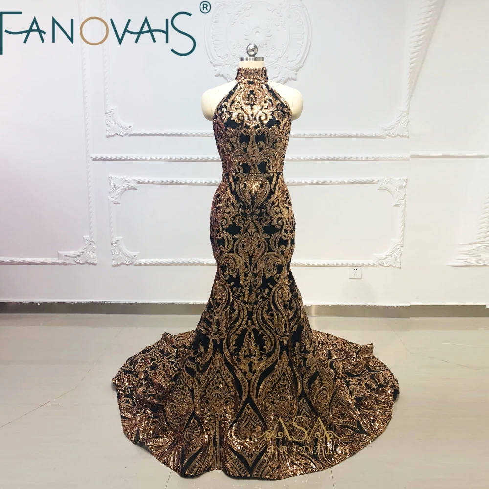 Ruolai OEV-L4162 Luxury Black and gold Sequin Halter Bling Bling Special Occasions Prom Dresses