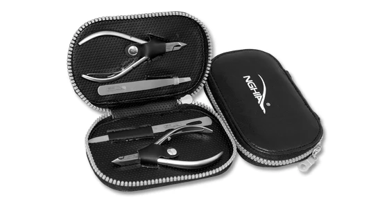 Professional Stainless Steel manicure set with leather case MD-33 (cuticle nippers, nail nipper, tweezers, nail file)