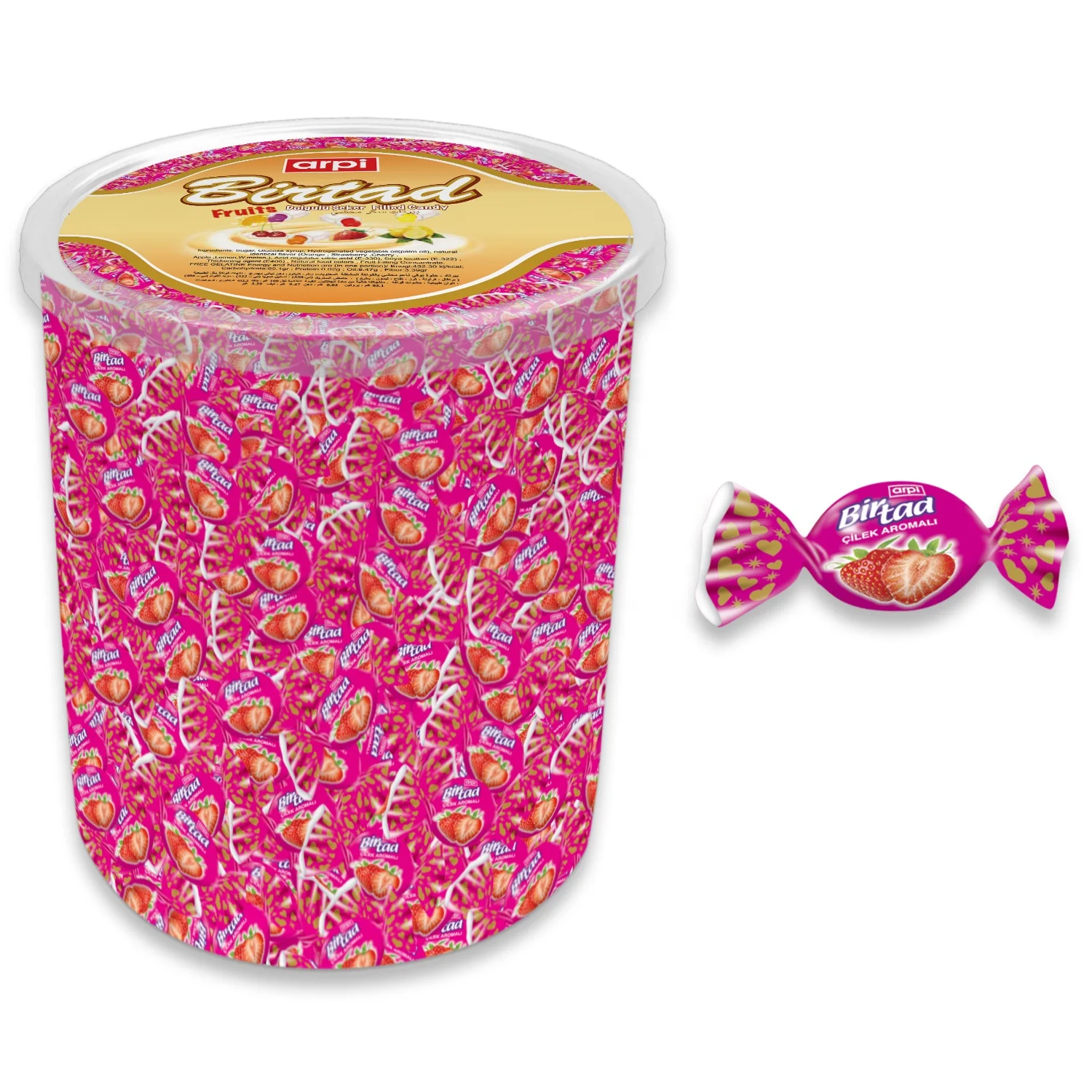 
Birtad Soft (Chew) Candy Filled with Fruit Flavor Syrup 1 KG Transparent Plastic PVC Jar 