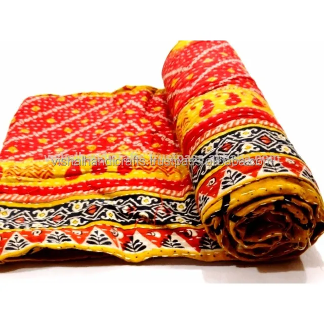 Vintage Cotton Kantha Quilt Gudri Handmade Indian Bedspread