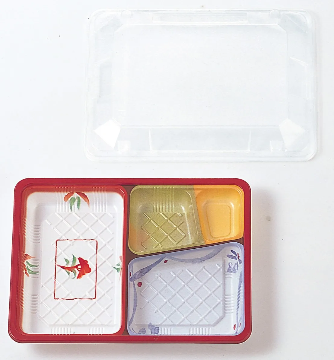 Gorgeous Japanese rectangle take away lunchbox 4 compartments Japan made microwavable plastic blister with clear lid