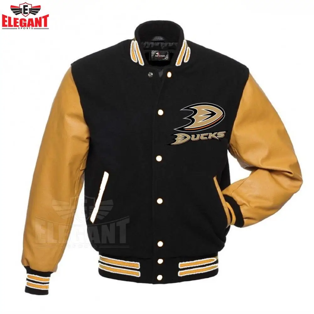 OEM Custom Printed DOLPHINS  front Varsity Jackets with striped knit cuffs Wholesale price for team sports clubs