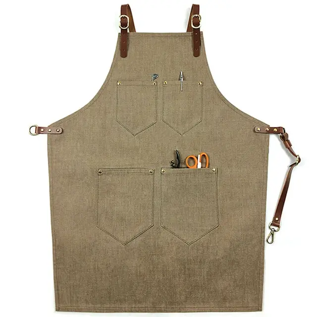 Cheap bulk wholesale cotton denim kitchen apron PU leather adjustable cross back bib aprons