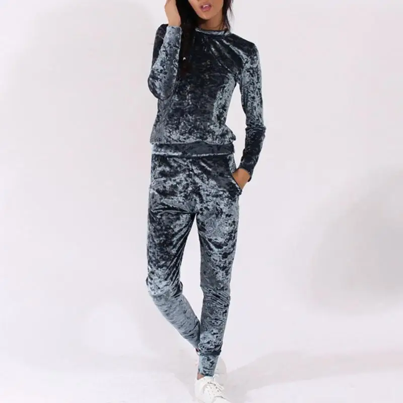 Latest Women 2 Pieces Set Plain Navy Crushed Velvet Lounge Tracksuit/High quality women suit