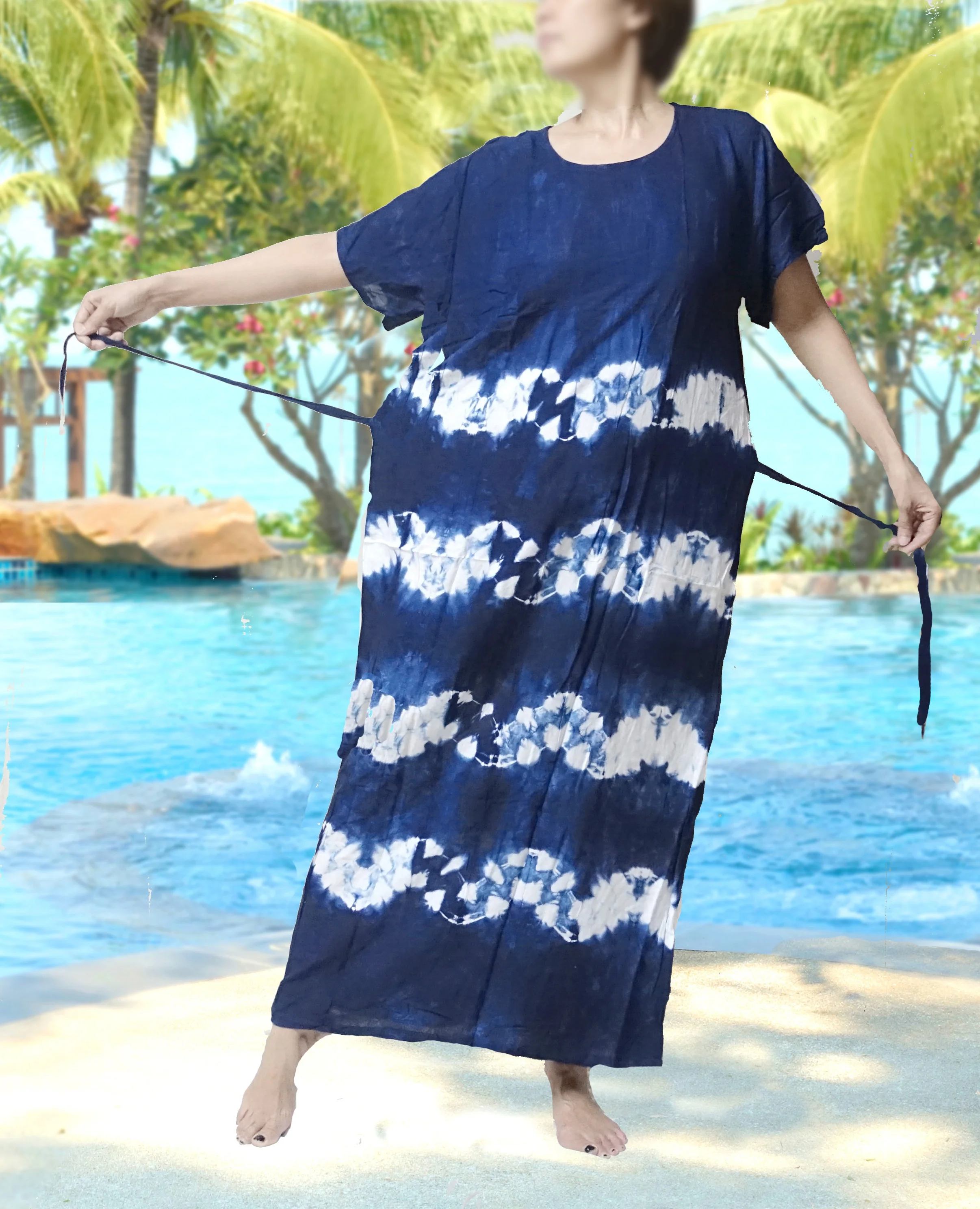 Indigo blue tie dye handmade retro thai style HIPPIE BOHO  kimono kaftan maxi dress