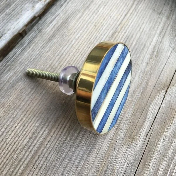 Blue and White Bone Inlay Drawer Knobs - Cabinet Knobs with Stripes