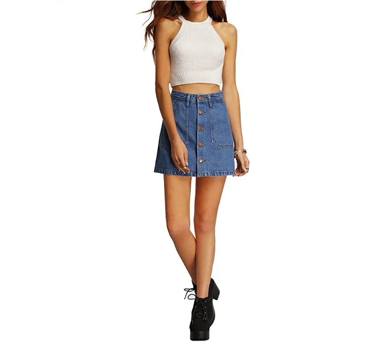 Factory price hot selling ladies high waist jeans mini skirt fashion line cotton spandex short denim skirt for woman